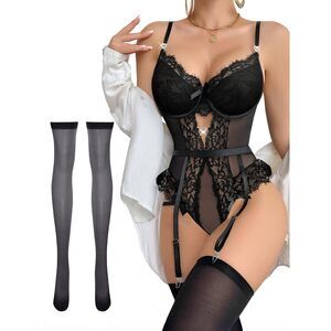 3311 Plus Size Curvy Sexy Stocking Lace Mesh Bodysuit Top Underwire Garter